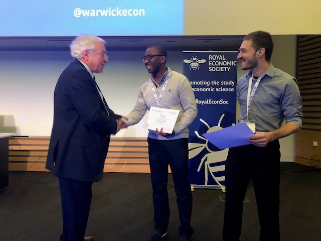 Professors Ismael Mourifié (centre) and Vincent Boucher receive the 2017 Denis Sargan Econometrics Prize