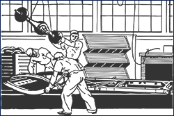 drawing of men working on production line